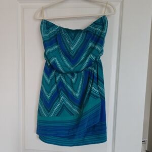 Express Strapless Chevron Mini Dress in Teal and Blue